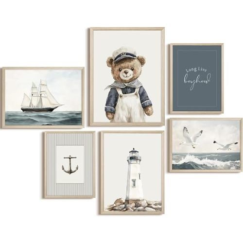 Teddy Bear Nursery Wall Art Baby Boys Room Canvas Poster Vintage Nursery Wall Decor Kids Room Coastal Prints Navy Sailor Bear Pictures Nautical Sailboat Painting Artwork for Bedroom 8x10x6 Inch Framed