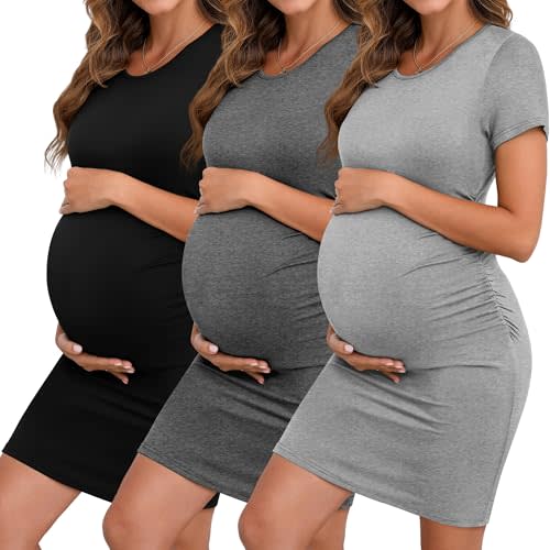 Riyiper 3 Pack Women's Maternity Dresses, Short Sleeve Pregnancy Dress Side Ruched Crew Neck Knee Length Mama Clothes