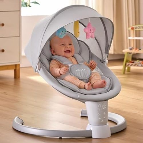 HARPPA Weddell Electric Baby Swing for Infants, 5-Point Harness, 5 Motion Levels, Remote & Touch Control, Built-in Melodies, Portable Baby Swing for Indoor Use,Light Gray