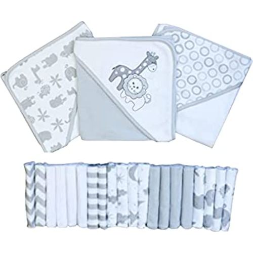 Spasilk Bath Hooded Towels & Baby Washcloths Set, Baby Bath Essentials for Everyday Use, 23-Piece Gift Set, Gray Lion