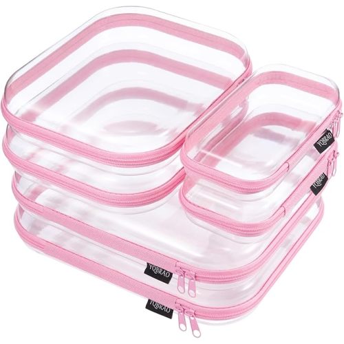 YQBRAO 6 Pack Soft Pink Clear Hard Shell Zipper Case, 1.2mm Crush-Proof Makeup Bag & Skincare Organizer, Heavy Duty Travel Pouches for Toiletries, Art Supplies & Daily Carry (2L+2M+2S)
