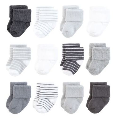 Hudson Baby Infant Baby Cotton Rich Newborn and Terry Socks 12-Pack, Gray White Stripe, 6-12 Months