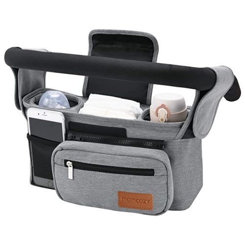 Universal Stroller Organizer with Insulated Cup Holder by Momcozy - Detachable Phone Bag & Shoulder Strap, Fits for Stroller Like Uppababy, Baby Jogger, Britax, BOB, Umbrella and Pet Stroller - Grey