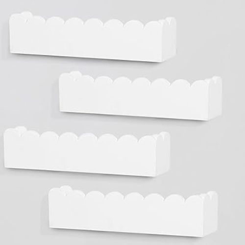 Wood Floating Shelves for Wall,Nursery Bookshelf,Kids Book Shelf,Baby Toys Storage Decor Organizer Wall Mounted for Living Room Bedroom,Wavy Edge,Preassembled,4 Pack,Scalloped Pine(White)