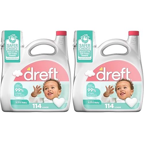 Dreft Stage 2 Active Baby Liquid Laundry Detergent,Helps Remove 99% of Baby Food Stains,114 loads,(Pack of 2)