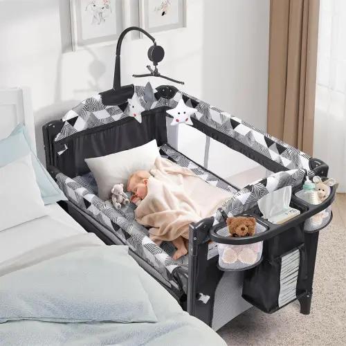 Xilingol 5-in-1 Baby Bassinet Bedside Sleeper, Portable Pack and Play with Changing Table, Baby Crib with Carry Bag, Cosleeper Bassinet Attach to Bed for Newborn to Toddlers