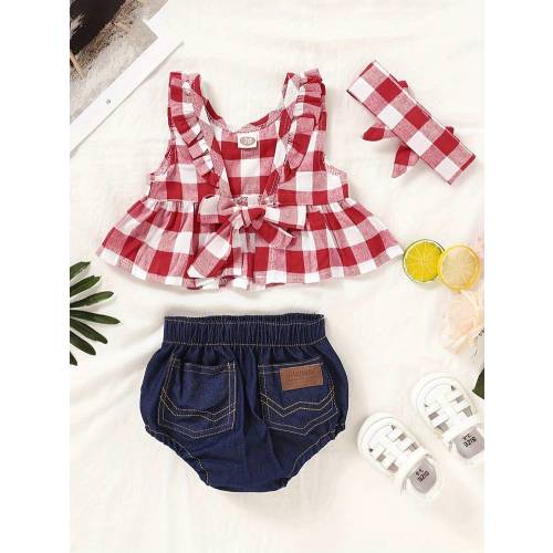 2pcs Baby Girl Adorable Outfits, Gingham Peplum Top& Casual Denim Triangle Shorts Set, Toddler& Infant Girl's Clothes For Spring Summer Daily Outdoor Wear Outdoor, Perfect For Outdoor | SHEIN USA