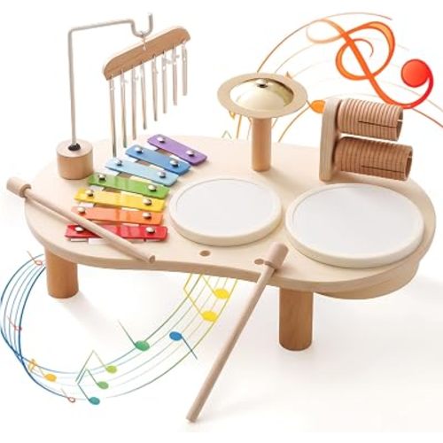 Wooden Drum Set for Toddlers 1-3, Montessori Musical Toy for Kids