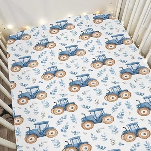 Blue Tractors Baby Crib Sheets for Boy Girl 52x28Inch Cute Farm Tractors Boho Leaves Soft Stretchy Fitted Crib Mattress Cover Farm Life Baby Sheet Fits Unisex Standard Bed and Toddler Mattress