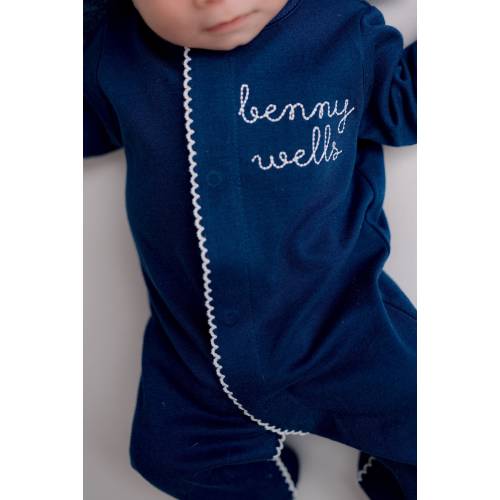 Baby boy coming home outfit, navy monogrammed footie and hat, sk creations, pima cotton