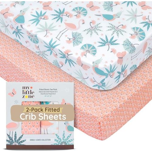 Baby Crib Sheets Girls Toddler Bed Sheets Cotton Fitted Crib Sheet Sets 28"x52", 8" Deep Pocket, Baby Mattress Sheet 2Pack 100% Cotton Flamingo Beddings, Designed in France, Jungle Leaves, White Pink