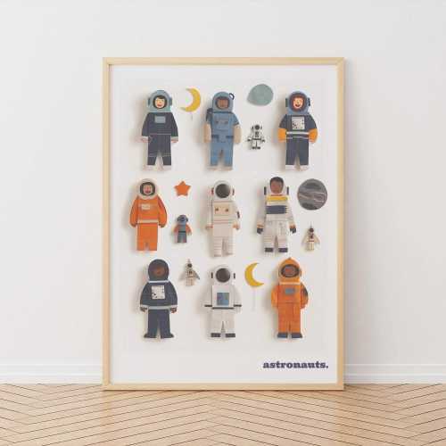 Colorful Astronauts Space Art Print: Kid's Room Decor