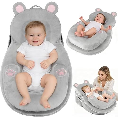 WARMHONIU Baby Feeding Pillow, Anti-Reflux Breastfeeding Infant Lounger & Tummy Time Pillow for Reducing Spit-Up, 25.2" L x 17.7" W, Detachable Cover with Handle & Storage Bag
