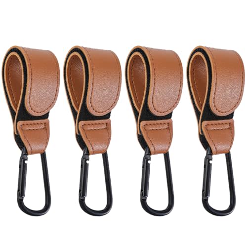 4 Pcs Leather Stroller Hook, Mommy Stroller Clip, Stroller Accessories Organizer Hook, Metal Hook for Strollers/Walkers/Mobility Scooter/Wheelchair/Rollator(Brown)