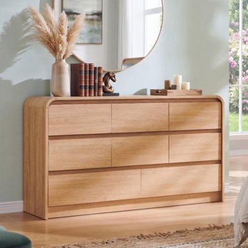 SinCiDo Modern 8 Drawer Dresser, Curved Profile Design, 55" Wide Mid Century Wood Storage Organizer for Bedroom, Living Room, Natural Oak