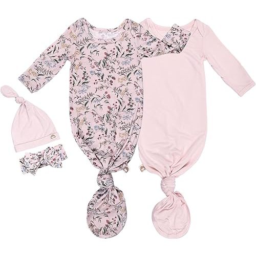 2-Pack Knotted Baby Gowns & Caps - Hospital Outfit Sleep for Girls & Boys, Easy Tie Sleeper Gowns