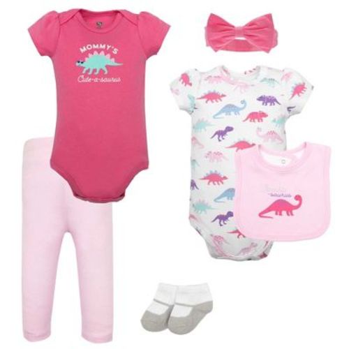 Hudson Baby Infant Girls Cotton Layette Set, Pink Sparklesaurus, 0-3 Months