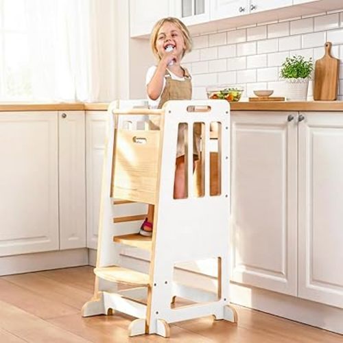 WINGYZ Toddler Tower - Anti-Tip Natural Wood Learning Stool Helper for Kids 18M-6Y, 150lb Capacity Kitchen Stool with 3-Height Adjustable Platform and Sliding Door Access, 20lb Portable Design, White