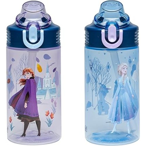 Zak Designs Disney Frozen Sage Kids Water Bottle For School or Travel, 16oz Durable Plastic Water Bottle With Straw, Handle, and Leak-Proof, Pop-Up Spout Cover, 2-Pack Set (Anna & Elsa)