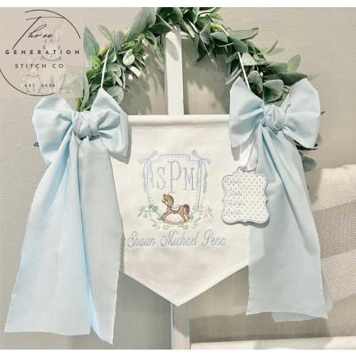 Custom Embroidered Baby Banner, Birth Announcement, Hospital Door Sign with bows, Baby Gift, Bassinet banner with crest, Rocking Horse