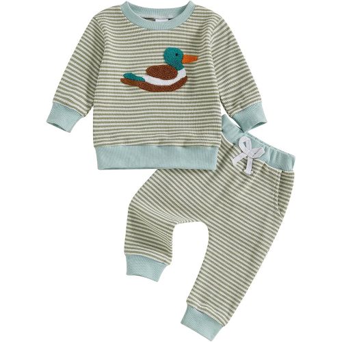 fhutpw Baby Toddler Boy Girl Fall Winter Clothes Embroidery Stripe Pullover Pants Sets Infant Long Sleeve Sweatshirt Outfits (Green Duck, 3-6 Months)