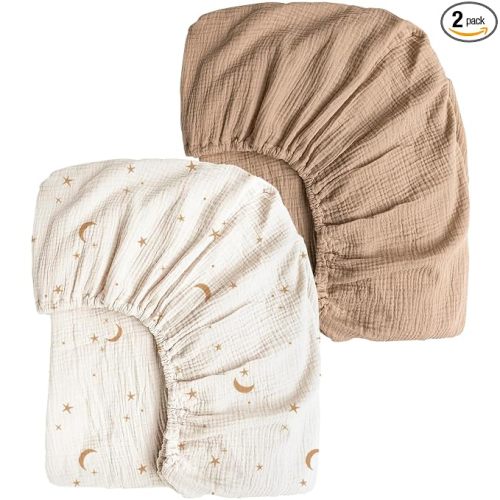 Konssy 2 Pack Muslin Crib Sheets for Standard Crib Mattress, 52" x 28" | 100% Cotton, Soft & Breathable, 360° Elastic Snug Fit, Solid & Printed Designs for Baby Girls & Boys (Moon,Camel)