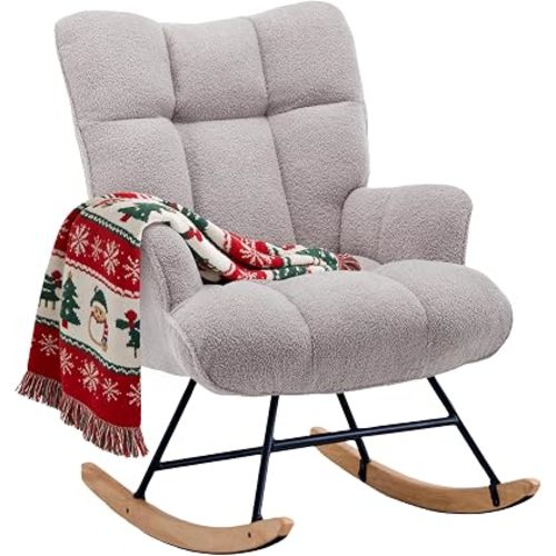Rocking Chair Nursery Teddy Rocking Accent Chair Upholstered Glider Rocker Armchair Comfy Side Chair Padded Seat with High Back for Living Room Bedroom Offices (Grey)
