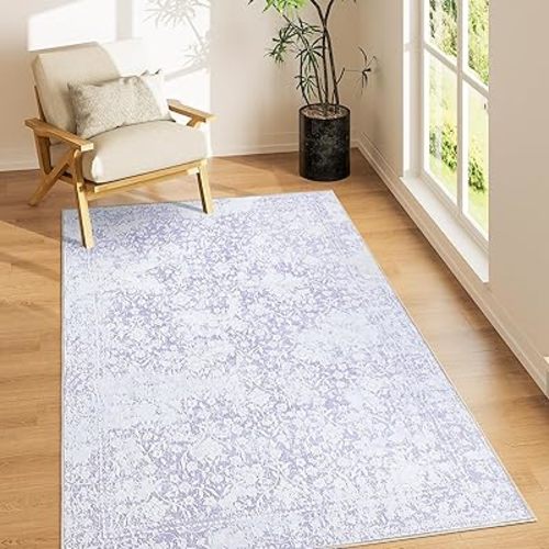 DUKINO Washable Area Rug 3x5, Boho Low-Pile Rugs for Living Room, Non Slip Rubber Backing Carpet, Soft Vintage Rug for Living Room, Bedroom, Dining Room, and Office - Purple