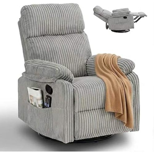 Gray Very Soft Rocking Chair Nursery Recliners, Small Recliner Rocking Chair for Small Spaces, Manual Swivel Glider Recliner for Living Room Bedroom Office, Corduroy, Adjustable Backrest (Grey)