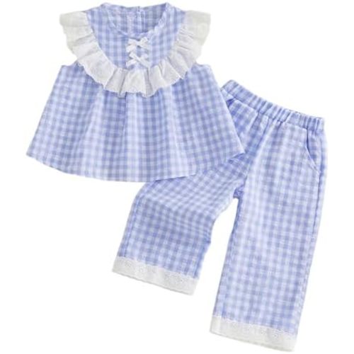Toddler Baby Girl Clothes Summer Spring Baby Outfit Plaid Frill Trim Plaid Tank Tops Pants 12 18 24 Month 3T 4T