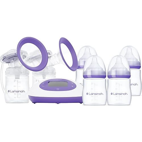 Lansinoh Oh Baby Newborn Essentials Kit – Signature Pro Double Electric Breast Pump with 25mm Flanges, 2 Feeding Bottles + 4 Count 5 oz Anti-Colic Baby Bottles with Newborn Flow Silicone Nipples