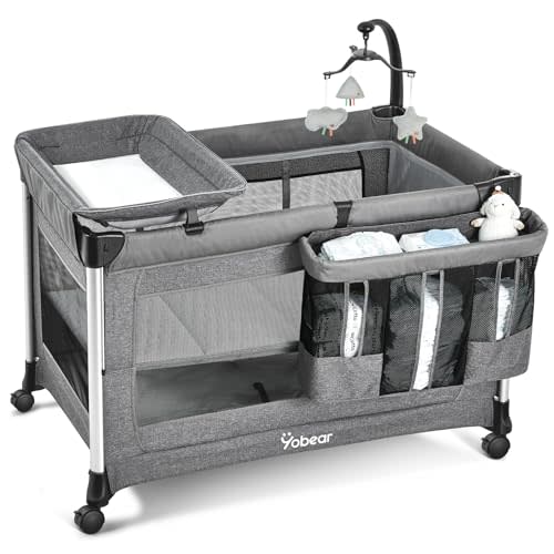 4-in-1 Baby Bassinet with Mattress - One-Push Setup Playard - Bedside Crib with Diaper Changer from Newborn to Toddler (Grey)