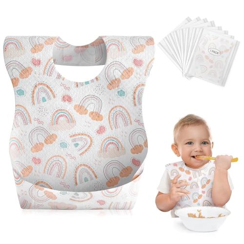 Babebay Disposable Bibs, 30 pcs Individually Packaged with Catcher and Leakproof Liner for Toddler Feeding, Baby Travel Essential, Boho Rainbow