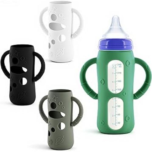 Luxnary 4-Pack Silicone Sleeves for Lansinoh Glass Bottles 8 oz- Starry Sky Design Baby Bottle Holder with Handles,Protectors for Lansinoh Natural Wave Glass Bottles, Anti-Scald Feeding Supplies