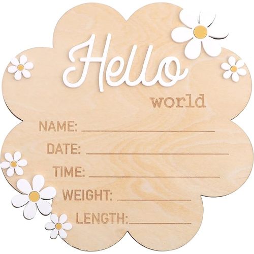 Hello World Daisy Newborn Sign - Wooden Hello World Welcome Sign, Flower Shape Newborn Announcement, Personalized Birth Announcement Board, for Newborn Gender Hospital Photo Props