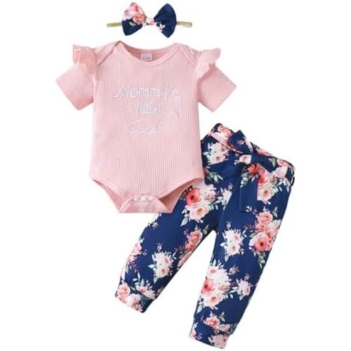 Baby Girl Clothes Infant Girl Ruffle Ribbed Romper Floral Pants Set Cute Newborn Girl Clothes
