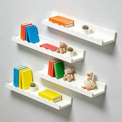 Nursery Book Shelves Wall Set of 4, White Floating Bookshelf
