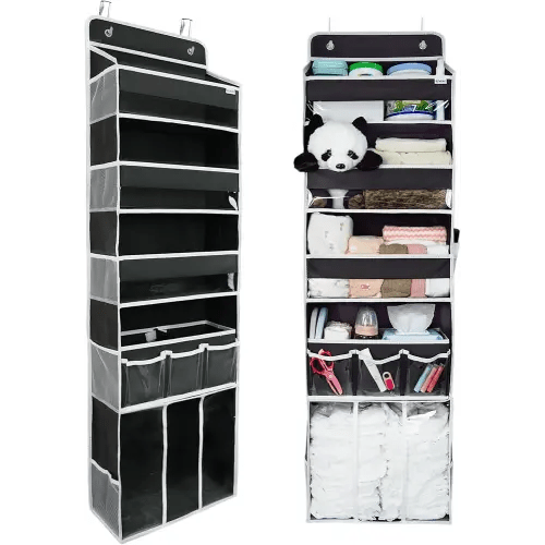 Door Hanging Storage Organizer,with 3 Bins 1 Movable Baby Diaper Caddy,1 Large capacity diaper stacking storage Organizer,10 Side Pockets ,Bedroom Door Storage for Nursery Baby Essentials. (Dark grey)