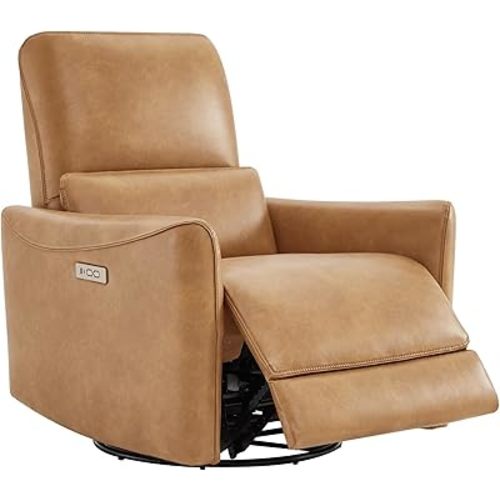 Power Recliner Chair Swivel Glider, FSC Certified Upholstered Faux Leather Living Room Nursery Reclining Sofa Chair with Lumbar Support, Cognac Brown