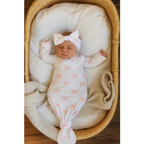 Newborn Knotted Gown with Pink Bow: Soft Cotton Coming Home Outfit