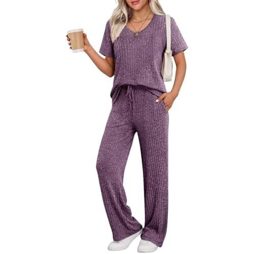 Ekouaer Womens Ribbed Knit Lounge Set Short Sleeve Top and Long Pants Sleepwear Pajama Set Two Piece Matching Outfits Set