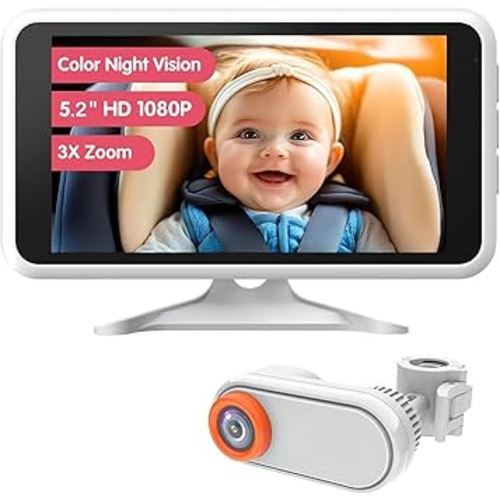 Baby Car Camera with IR Night Vision, Unique Headrest Mount Car Camera for Baby 3X Zoom for Backseat Monitor White (Wired) Essential Baby Safety Item