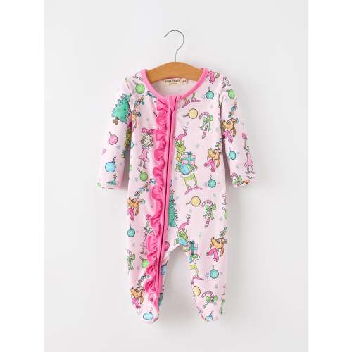 Baby Girls Pink Christmas Holiday Print Ruffle Footie – Rylee Faith Designs