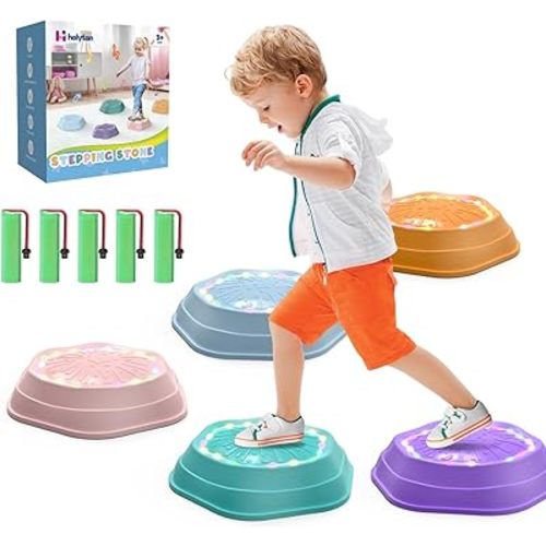 Holyton Upgraded Music Light-Up Stepping Stones for Kids, 5-Pack Sensory Balance Toys with Batteries, Non-Slip Design, for Ages 3–8, Ideal for Sensory Training, Indoor & Outdoor Play, Great Gift Idea (pink)