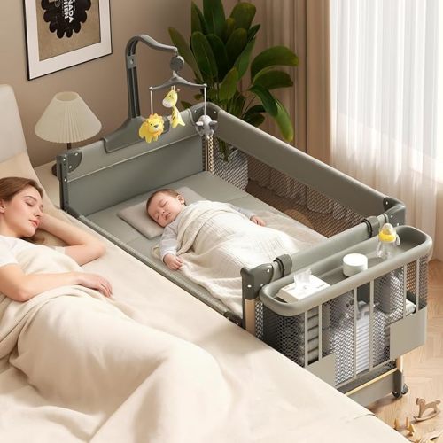 4-in-1 Portable Baby Bed: Bedside Bassinet, Playard (Pack and Play) with Diaper Changer, Folding Travel Crib for Newborn to Toddler ，Nursery Solution (Olive Drab)