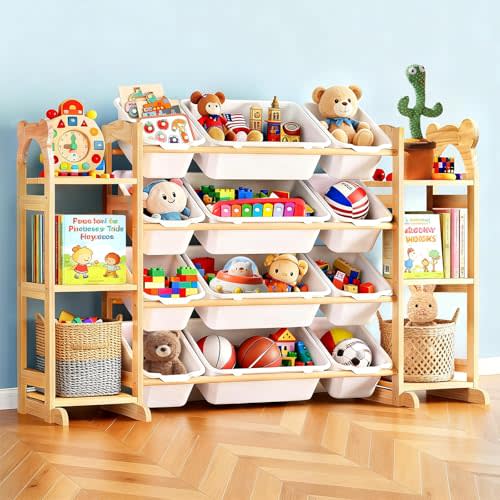 Toy Storage Organizer with 6 Shelves and 12 Bins, Toy Organizers and Storage Shelf with Bookshelf and Bookcase, Toys Box for Kids Room & Playroom & Bedroom & Nursery