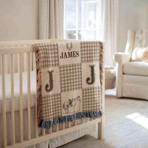 Western Baby Blanket with Name Cowboy Patchwork Woven Quilt Ranch Blanket Boy Western Nursery Crib Blanket Monogram Fringe Throw Longhorne
