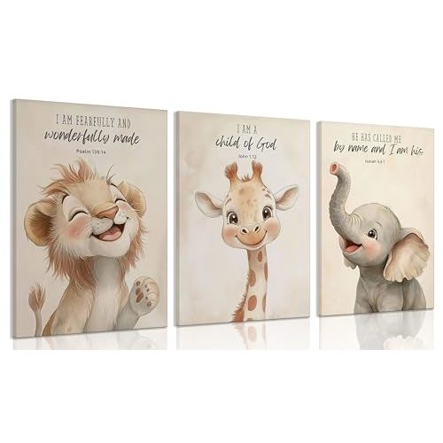 3Pcs Bible Verses Christian Nursery Safari Animals Canvas Wall Art Child of God Cute Animals Picture Wall Decor Lion Giraffe Elephant Poster Print Artwork for Kids Boys Girls Room Home Decoration