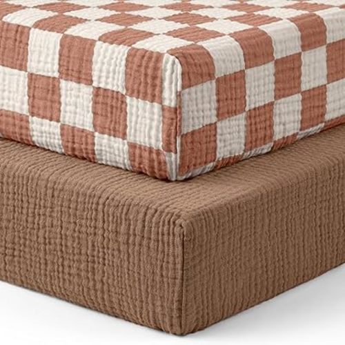 Blissful Diary Muslin Crib Sheets for Girl Boy, Boho Neutral Soft Cotton Baby Sheet for 52''x28'' Standard Crib Mattress, 2 Pack(Brown Checkboard & Brown)