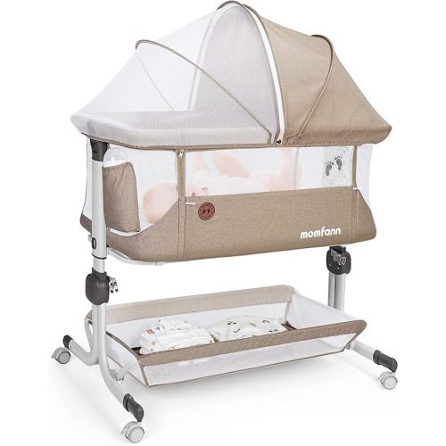 Baby Bassinet Bedside Sleeper, Upgraded Stability Bedside Crib with Full Mesh Sides, Soft Sheet, 6-Height Adjustment, Storage Basket, Easy Folding Portable Bassinet for Newborns,Camel